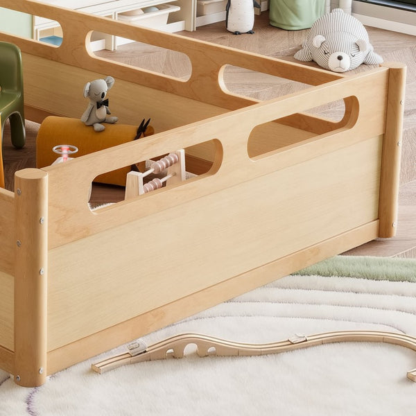 English Elm Twin Low Profile Floor Bed with Guardrails Pine Wood Frame Minimalist Bedroom Natural W1580P438793