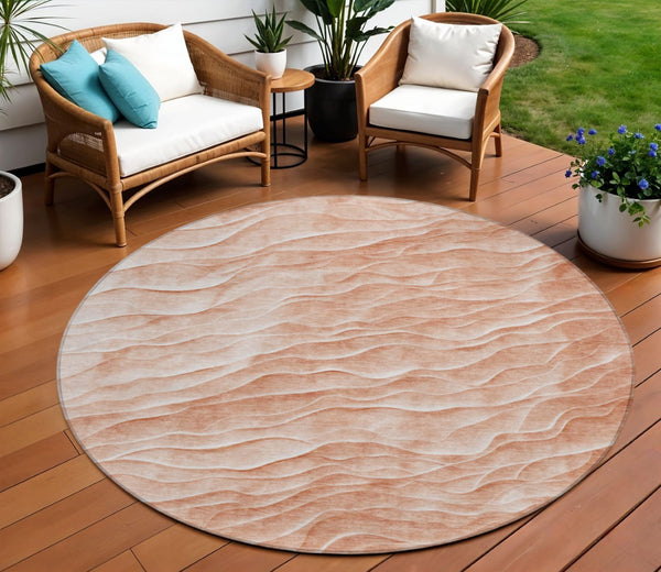 HomeRoots 8' Coral and Peach Round Abstract Area Rug - Washable, Durable, Stylish for Indoor & Outdoor Spaces 611984