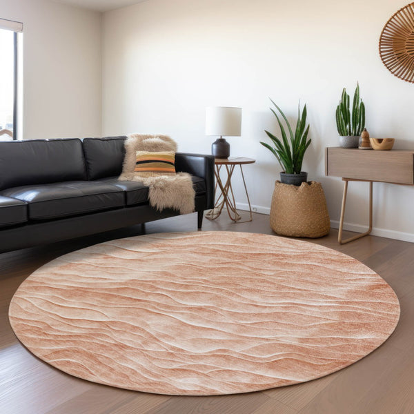 HomeRoots 8' Coral and Peach Round Abstract Area Rug - Washable, Durable, Stylish for Indoor & Outdoor Spaces 611984