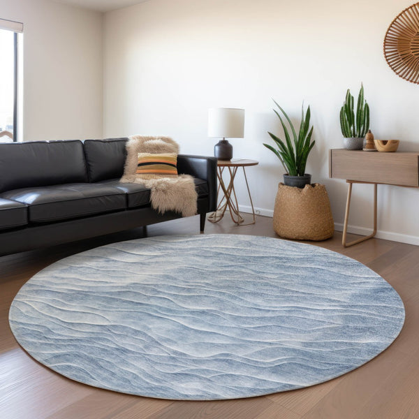HomeRoots 8' Denim Blue Round Abstract Area Rug - Stylish, Washable & Durable for Indoor/Outdoor Use, Pet-Friendly 611990