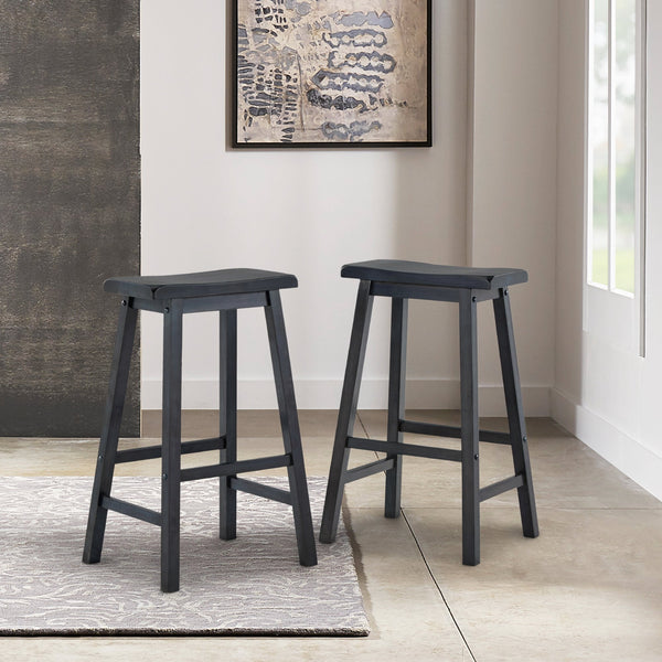 Cosimo Solid Rubberwood Bar Stools Set of 2 with Saddleback Seat Distressed Finish