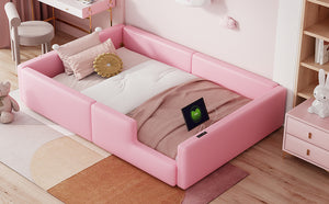 English Elm Twin Upholstered Platform Bed with Guardrail and Built-In Charging Station, Modern Sleek Design for Small Spaces Pink N709P186347H