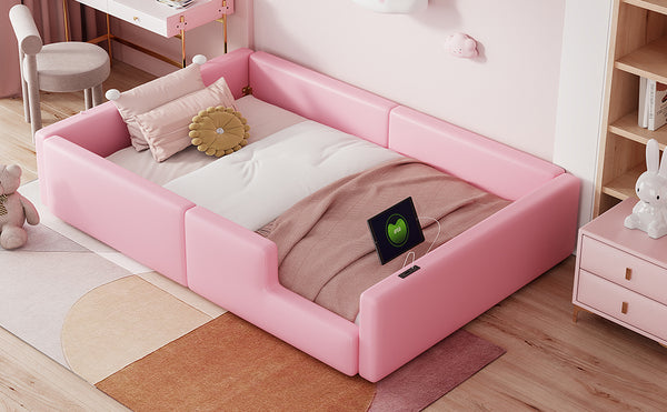 English Elm Twin Upholstered Platform Bed with Guardrail and Built-In Charging Station, Modern Sleek Design for Small Spaces Pink N709P186347H