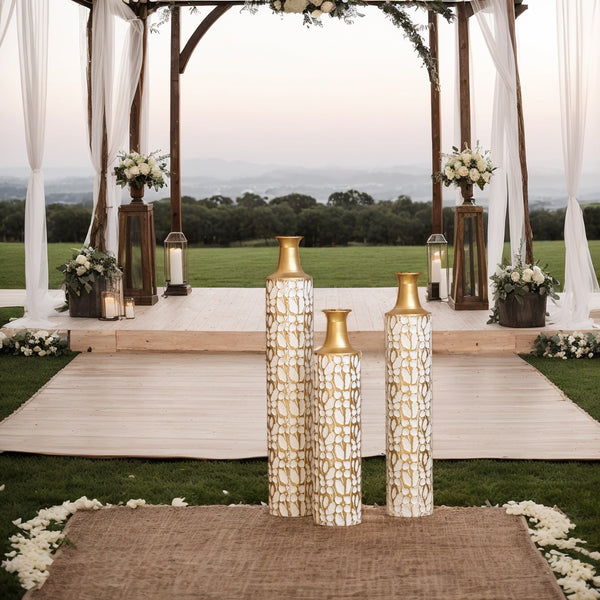 English Elm Floor Antique White Gold Metal Vases Set of 3 (32/28/24") — Tall Decorative Centerpieces for Entryway W2796P193594