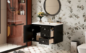 English Elm 30" Mid-Century Bathroom Vanity with Ceramic Sink, Rattan Accent, 2 Soft-Close Drawers, Large Storage Space N710P265954B