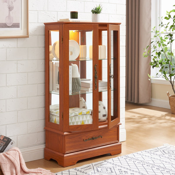 English Elm Lighted Glass Curio Cabinet - Elegant Dark Oak Display With Adjustable Shelves, Built-In Drawer & Bulb W1758P300114