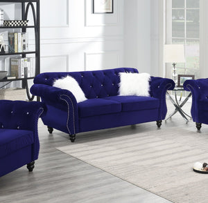 English Elm 2pc Indigo Velvet Sofa Set 2pc Living Room Crystal Tufted Upholstered Couch Loveseat with Nailhead Trim B011S01699