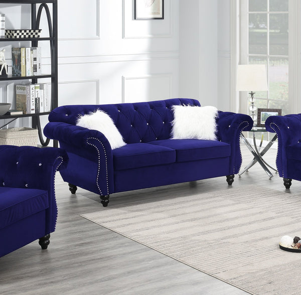 English Elm 2pc Indigo Velvet Sofa Set 2pc Living Room Crystal Tufted Upholstered Couch Loveseat with Nailhead Trim B011S01699