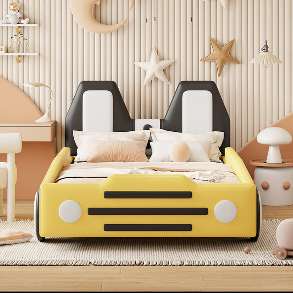 English Elm Twin Race Car Platform Bed with Wheels for Kids — Sturdy PU Leather Frame, Safety Rails, 250lb Capacity Yellow SF000128AAY