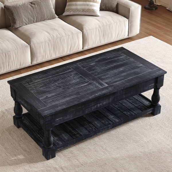 English Elm Farmhouse Lift Top Coffee Table Solid Wood Two Tier Hidden Storage Living Room W1445P412360