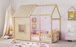 English Elm Twin House Frame Floor Bed Pinewood Build with Led Roofline Kids Bedroom Natural W697P435882
