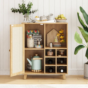English Elm Rattan Cane Front Sideboard with Drawers Adjustable Shelf Bohemian Storage Cabinet Natural T3623P434759