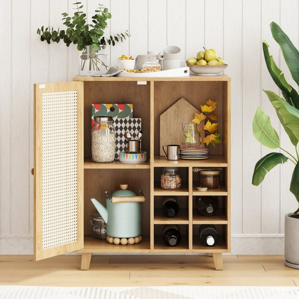 English Elm Rattan Cane Front Sideboard with Drawers Adjustable Shelf Bohemian Storage Cabinet Natural T3623P434759