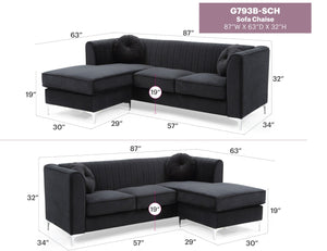 English Elm Delray Channel Quilted Velvet Sectional Sofa Chaise with Glam Chrome Legs Black B078S00080