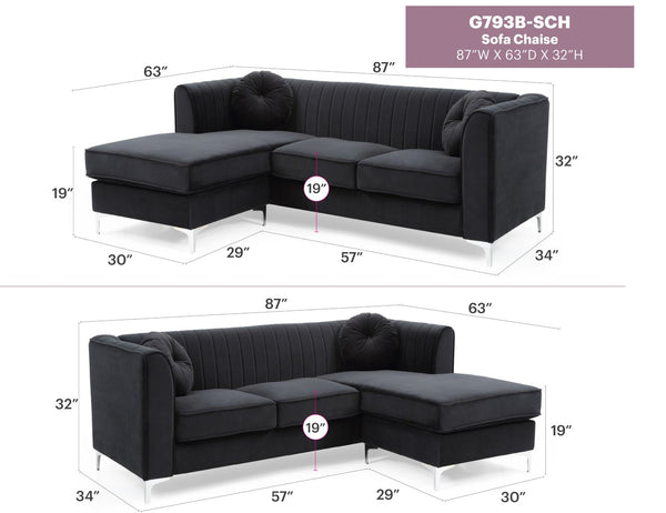 English Elm Delray Channel Quilted Velvet Sectional Sofa Chaise with Glam Chrome Legs Black B078S00080