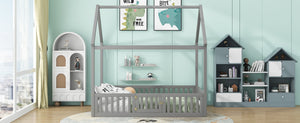 English Elm Full Size Pine House Bed with Pitched Roof Fence and Door for Kids Playroom WF531502AAE