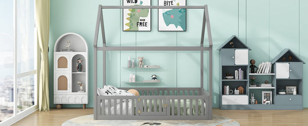 English Elm Full Size Pine House Bed with Pitched Roof Fence and Door for Kids Playroom WF531502AAE