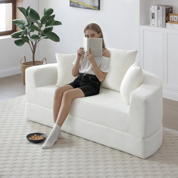 English Elm Convertible Corduroy Cloud Couch Bed with High-Density Foam, Boneless Futon Lounger for Cozy Relaxation Beige W2677P388979