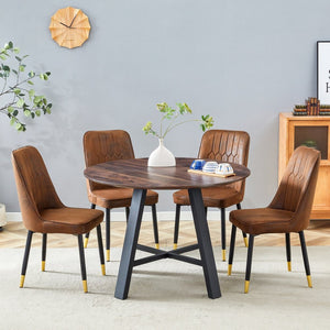 English Elm Table & 4 Chairs Set - Modern Minimalist 42" Round Dining Table With Deep Walnut Top & Techno-Fabric Seating W1151S03749-GIGA