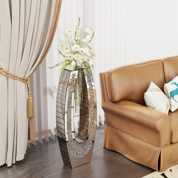 English Elm 35.82"u-shaped Tall Glass Floor Vase with Crystal Diamond Mosaic Silver Mirror Finish W3836P379832