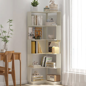 English Elm 6 Tier Freestanding L-Shaped Corner Bookshelf with Anti-Tip, Rounded Corners, 3D Wood Grain Finish White Oak W2899P372515