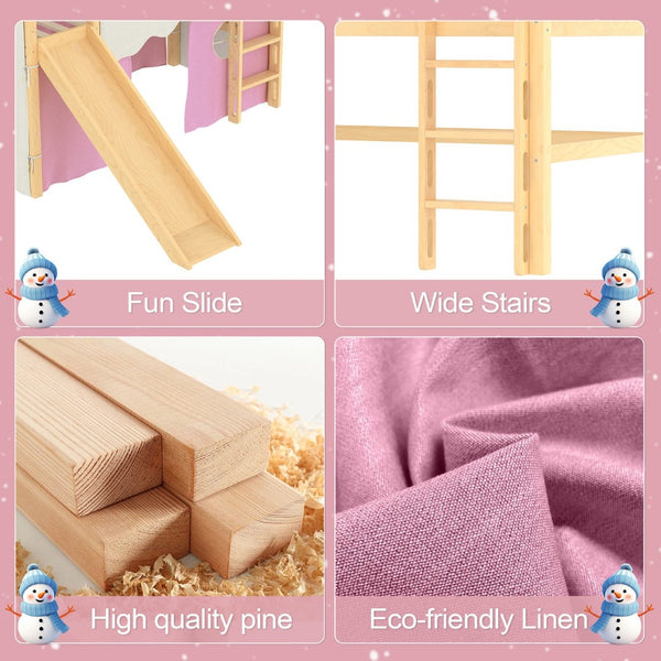 English Elm Twin Pine Loft Bed with House Frame Tent Led Lights Slide and Floor Space Below W1580S00289