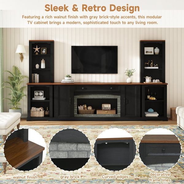 English Elm 3-piece Farmhouse Entertainment Center with Curved Cabinets Walnut Mdf Modular Living Room Black N721S000068B