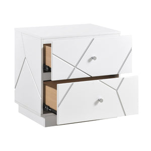 English Elm Glamorous White Wood Nightstand with Etched Geometric Drawers and Chrome Knobs B011P429133