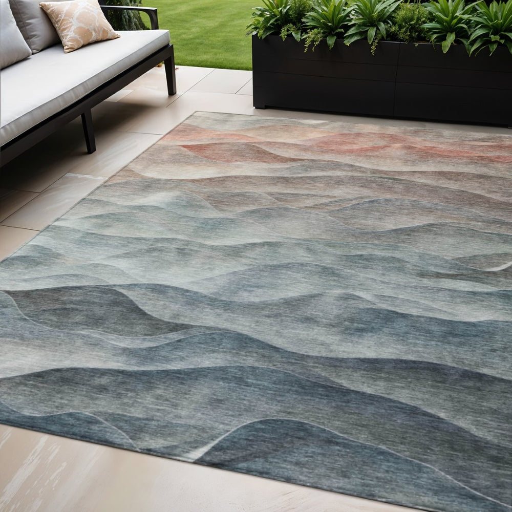 HomeRoots 5' Teal Blue & Peach Abstract Area Rug - Washable, Indoor/Outdoor, Durable, Modern Design, 5x8' 612001