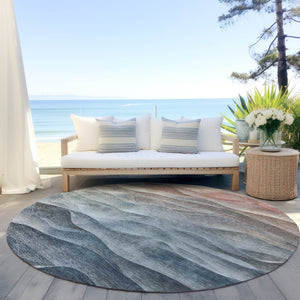 HomeRoots 8' Teal Blue and Peach Round Abstract Rug - Stylish Indoor/Outdoor Washable Design for Modern Spaces 612002