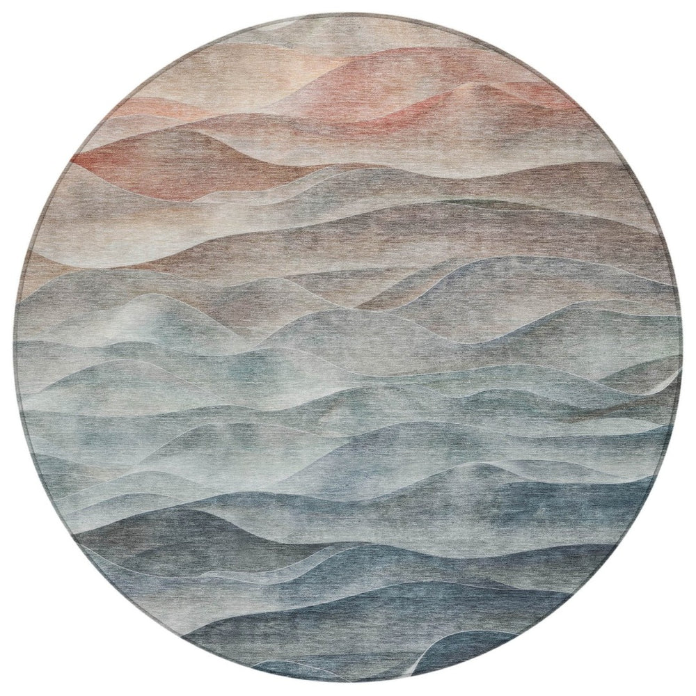 HomeRoots 8' Teal Blue and Peach Round Abstract Rug - Stylish Indoor/Outdoor Washable Design for Modern Spaces 612002