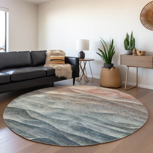 HomeRoots 8' Teal Blue and Peach Round Abstract Rug - Stylish Indoor/Outdoor Washable Design for Modern Spaces 612002