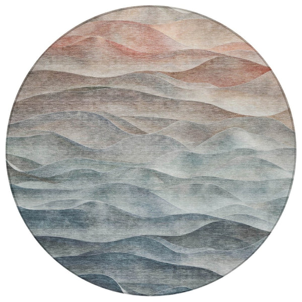 HomeRoots 8' Teal Blue and Peach Round Abstract Rug - Stylish Indoor/Outdoor Washable Design for Modern Spaces 612002