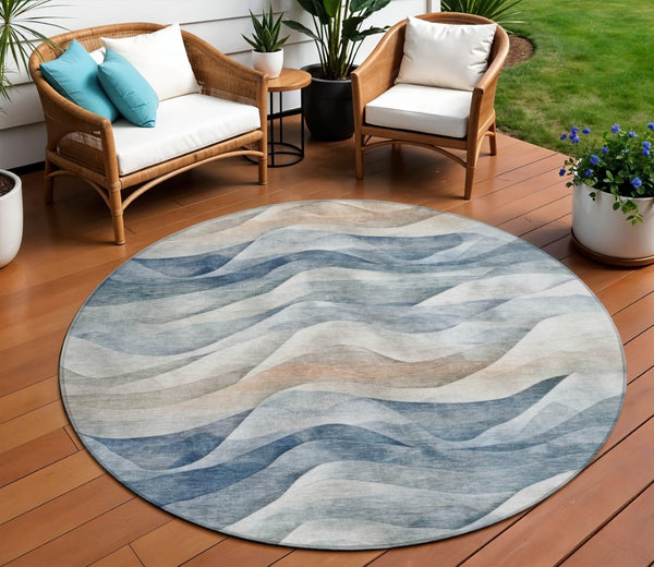 HomeRoots 8' Blue And Ivory Round Abstract Area Rug - Durable, Washable Design for Indoor & Outdoor Use 612014
