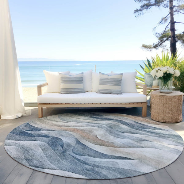 HomeRoots 8' Blue And Ivory Round Abstract Area Rug - Durable, Washable Design for Indoor & Outdoor Use 612014