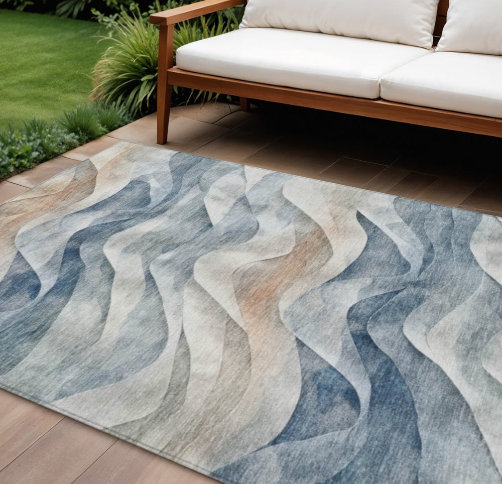 HomeRoots 8' X 10' Stylish Blue and Ivory Abstract Area Rug – Washable, Indoor/Outdoor, Durable, and Elegant Design 612015