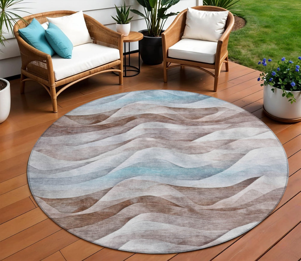 HomeRoots 8' Round Abstract Area Rug in Brown & Teal Blue – Washable, Durable & Perfect for Indoor/Outdoor Use 612020