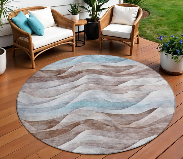 HomeRoots 8' Round Abstract Area Rug in Brown & Teal Blue – Washable, Durable & Perfect for Indoor/Outdoor Use 612020