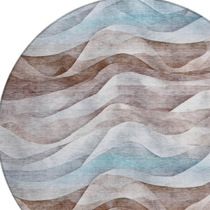 HomeRoots 8' Round Abstract Area Rug in Brown & Teal Blue – Washable, Durable & Perfect for Indoor/Outdoor Use 612020