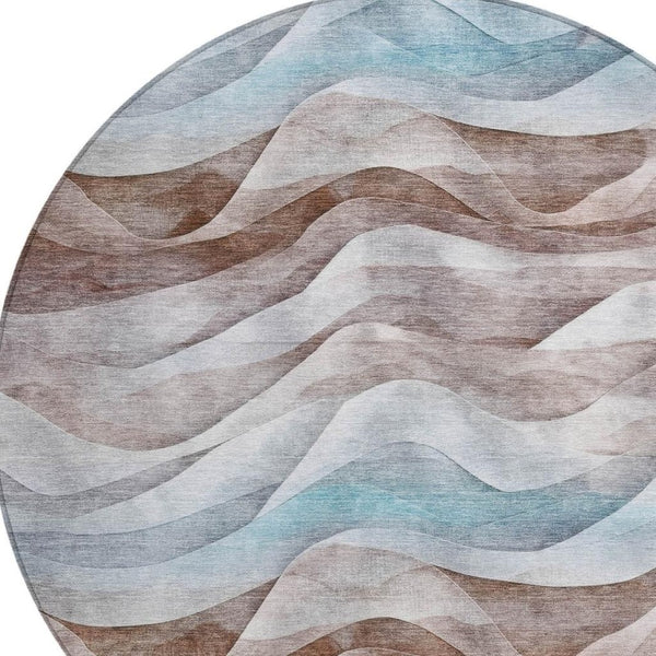HomeRoots 8' Round Abstract Area Rug in Brown & Teal Blue – Washable, Durable & Perfect for Indoor/Outdoor Use 612020