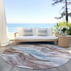 HomeRoots 8' Round Abstract Area Rug in Brown & Teal Blue – Washable, Durable & Perfect for Indoor/Outdoor Use 612020