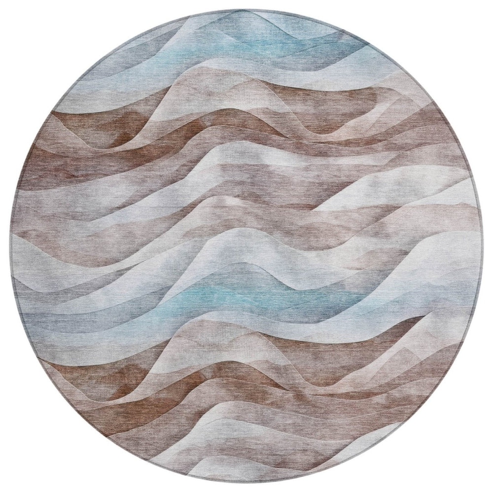 HomeRoots 8' Round Abstract Area Rug in Brown & Teal Blue – Washable, Durable & Perfect for Indoor/Outdoor Use 612020