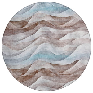 HomeRoots 8' Round Abstract Area Rug in Brown & Teal Blue – Washable, Durable & Perfect for Indoor/Outdoor Use 612020