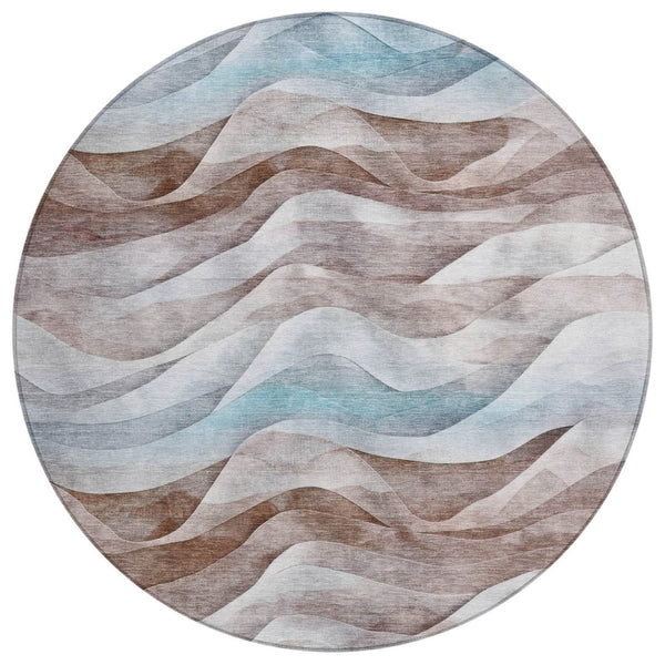 HomeRoots 8' Round Abstract Area Rug in Brown & Teal Blue – Washable, Durable & Perfect for Indoor/Outdoor Use 612020