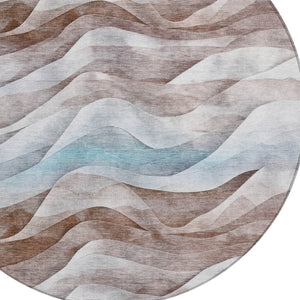 HomeRoots 8' Round Abstract Area Rug in Brown & Teal Blue – Washable, Durable & Perfect for Indoor/Outdoor Use 612020