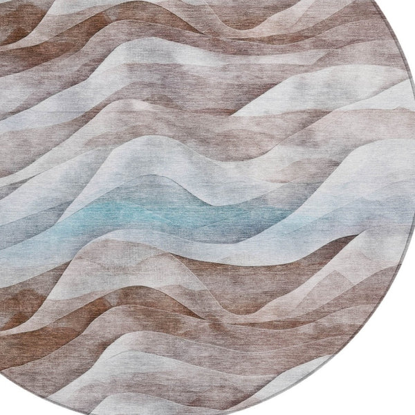 HomeRoots 8' Round Abstract Area Rug in Brown & Teal Blue – Washable, Durable & Perfect for Indoor/Outdoor Use 612020