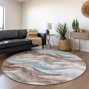 HomeRoots 8' Round Abstract Area Rug in Brown & Teal Blue – Washable, Durable & Perfect for Indoor/Outdoor Use 612020