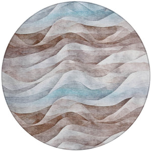 HomeRoots 8' Round Abstract Area Rug in Brown & Teal Blue – Washable, Durable & Perfect for Indoor/Outdoor Use 612020