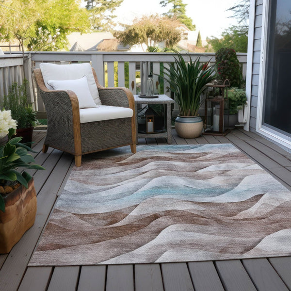 HomeRoots 9' X 12' Abstract Brown and Teal Blue Washable Area Rug for Indoor and Outdoor Spaces, Durable Design 612022