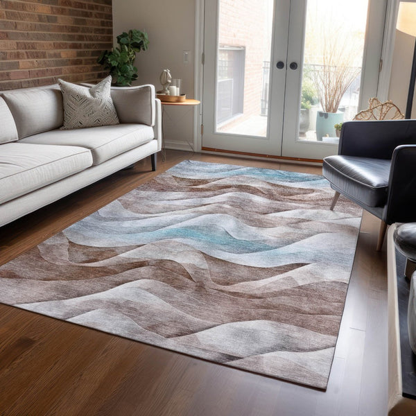 HomeRoots 9' X 12' Abstract Brown and Teal Blue Washable Area Rug for Indoor and Outdoor Spaces, Durable Design 612022
